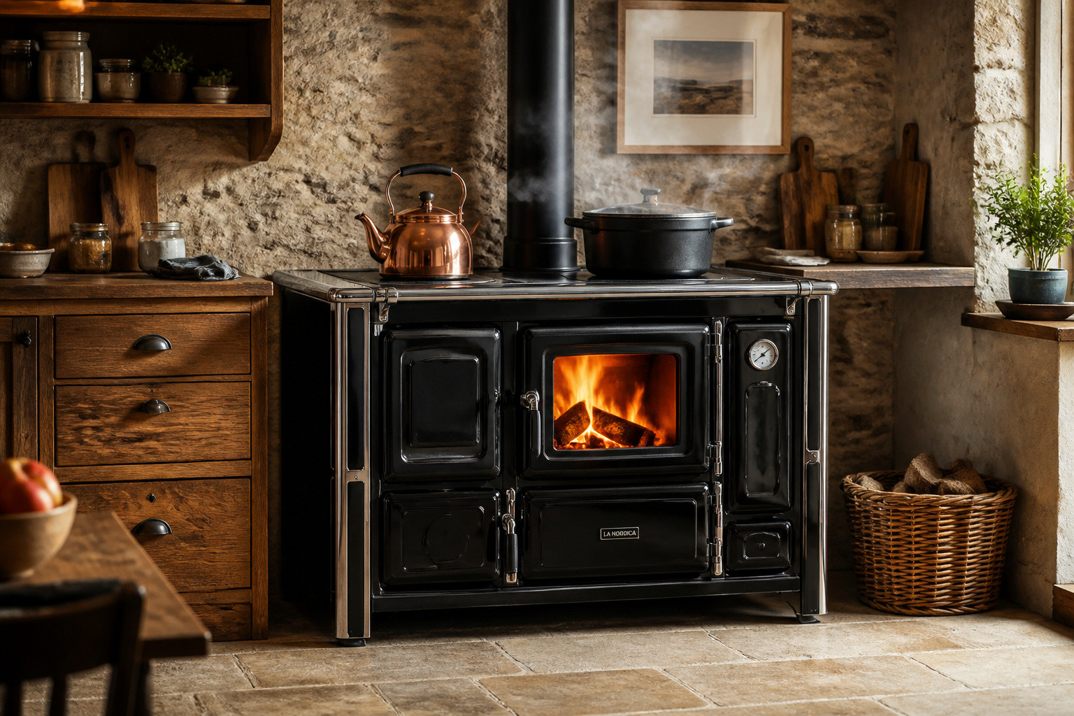 Cuisiniere a bois rustique et chaleureuse