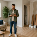 Homme informe avec document dans un appartement
