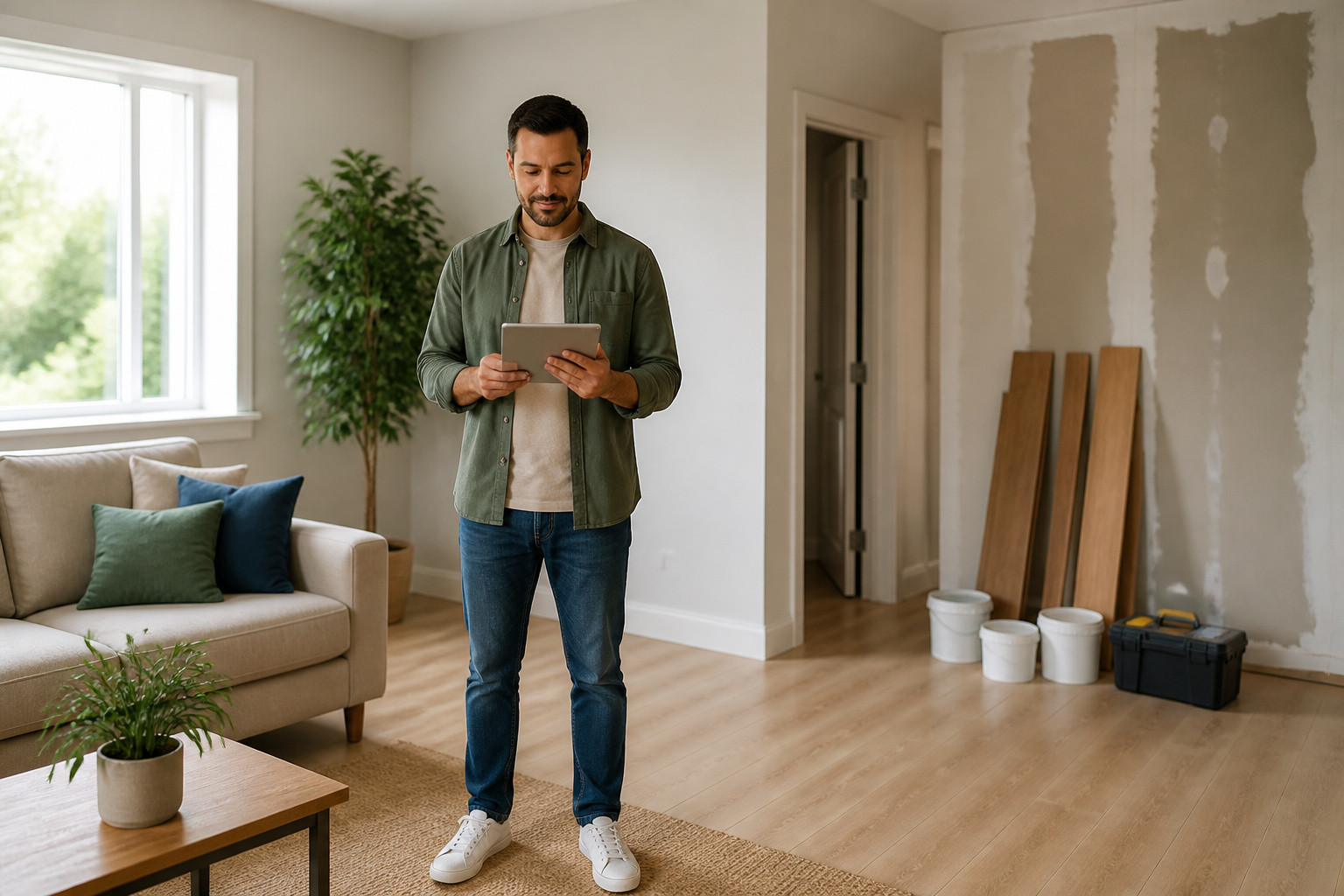 Homme informe avec document dans un appartement