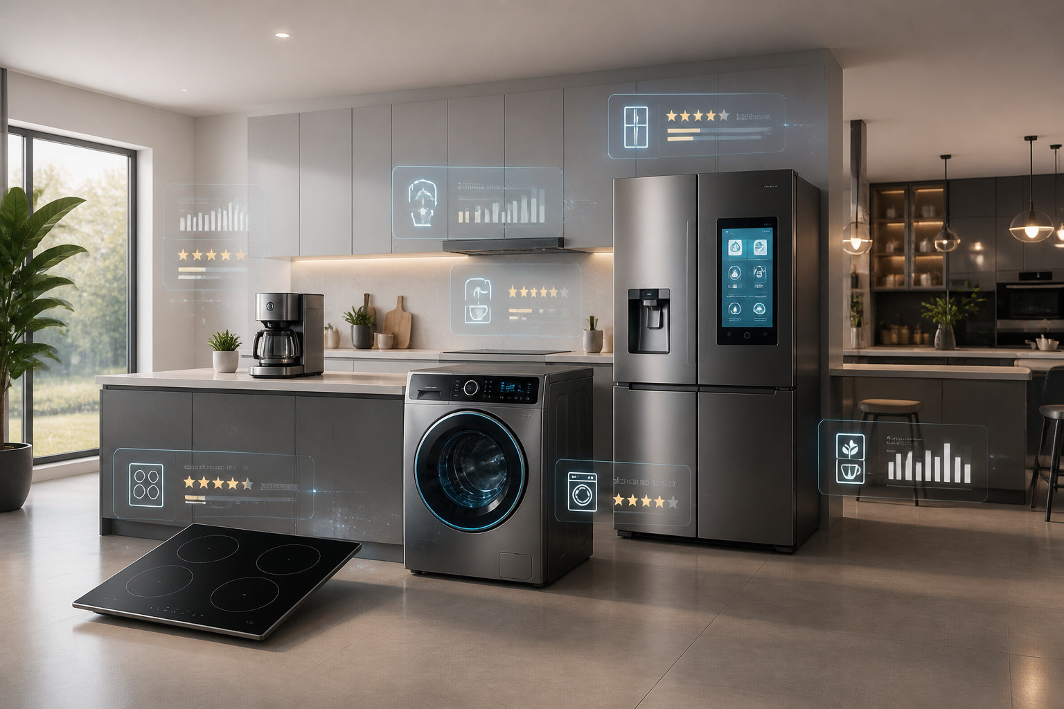 Cuisine moderne avec appareils intelligents et donnees holographiques