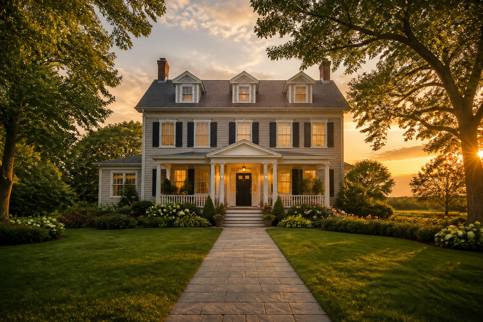 Belle maison classique au coucher du soleil