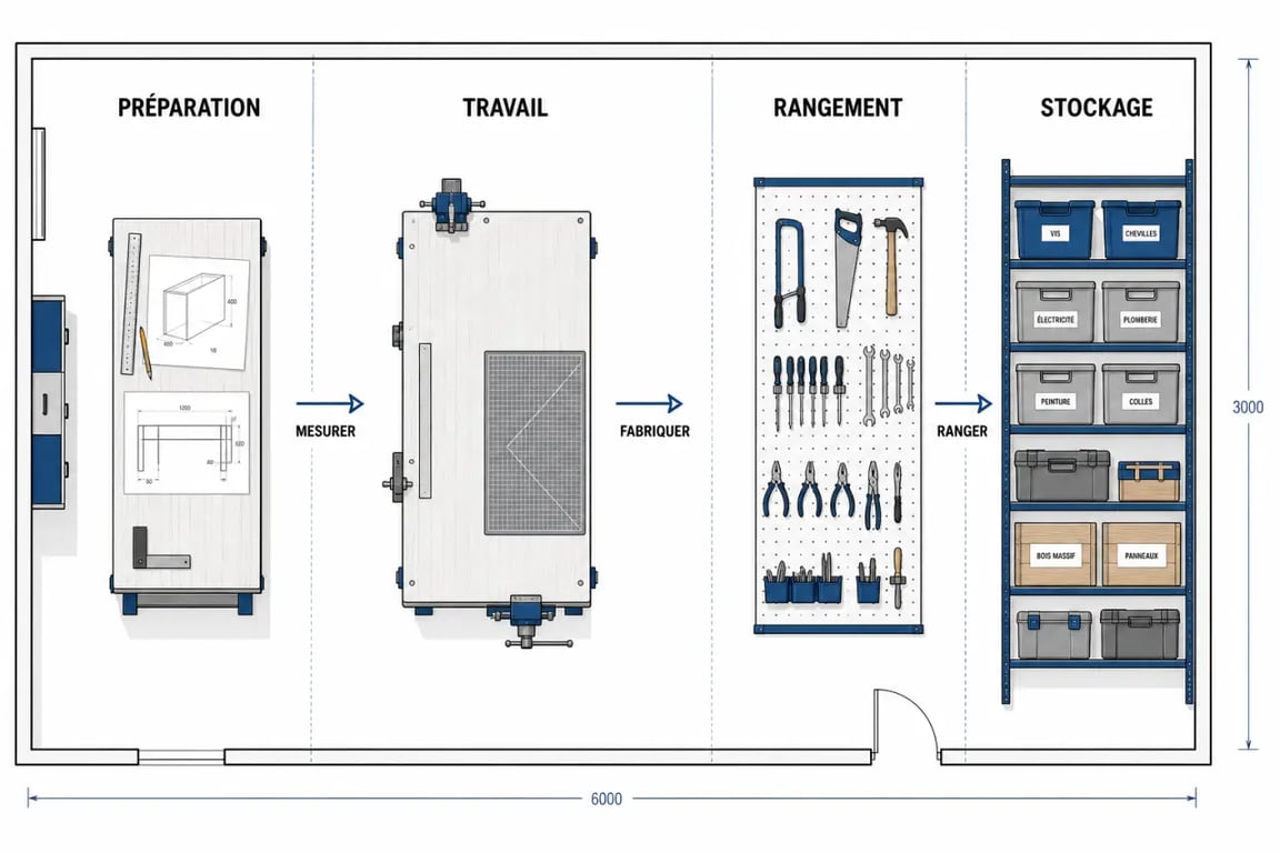 Schéma d'organisation pour optimiser son atelier de bricolage en quatre zones de travail