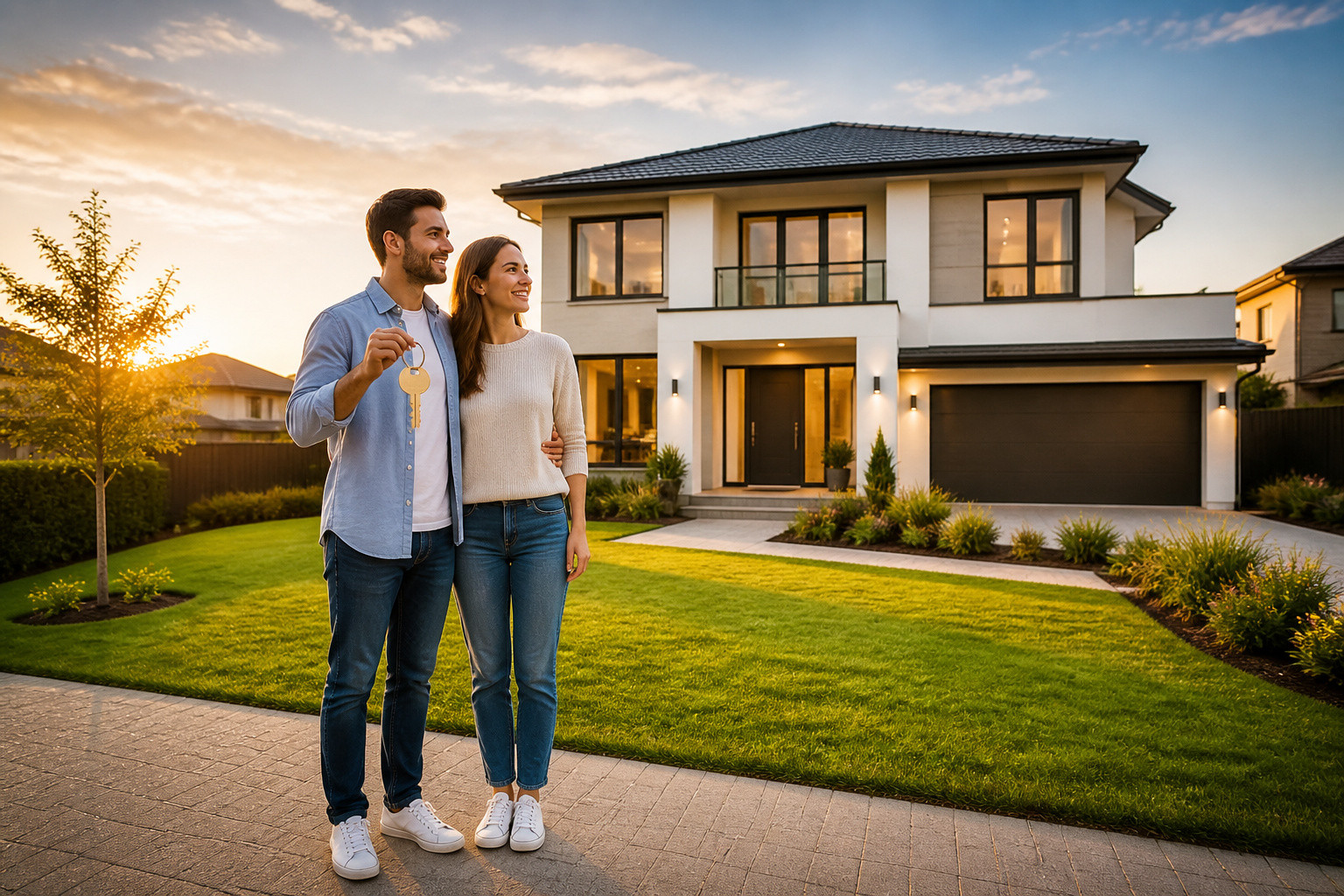 Couple heureux devant sa nouvelle maison