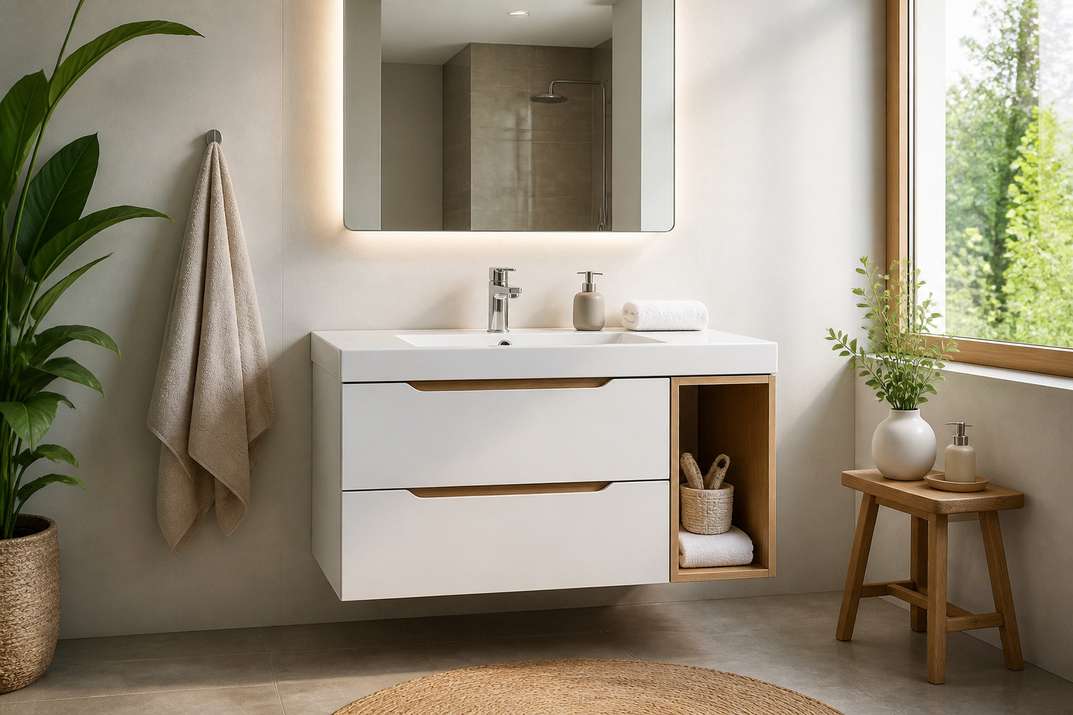 Meuble de salle de bain moderne blanc et bois
