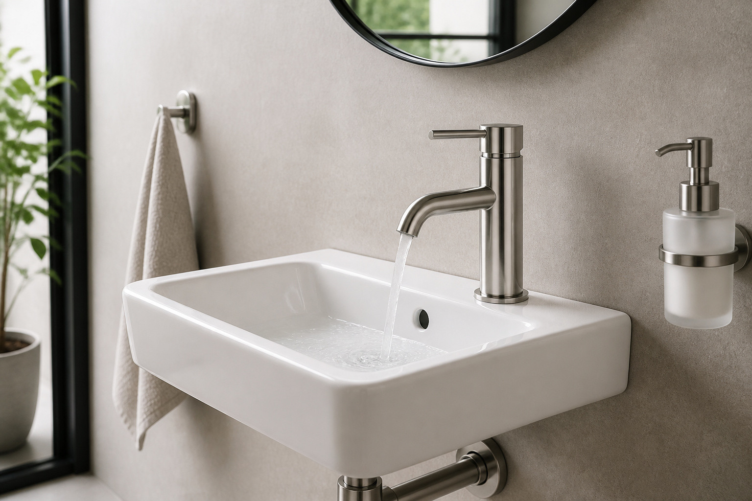 Robinet moderne dans une salle de bain epuree