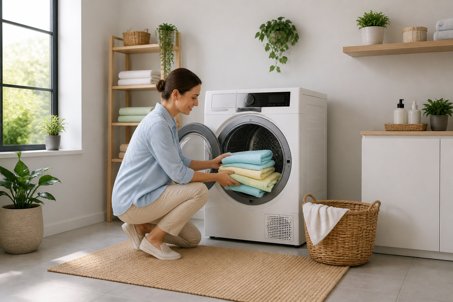 Femme retirant du linge dun seche linge